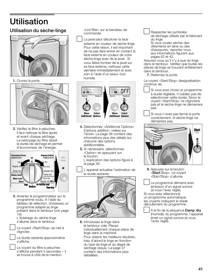 Utilisation, Utilisation du sèche-linge, Utiiisation du sèche-iinge | Bosch WTMC8321US/CN User Manual | Page 41 / 72