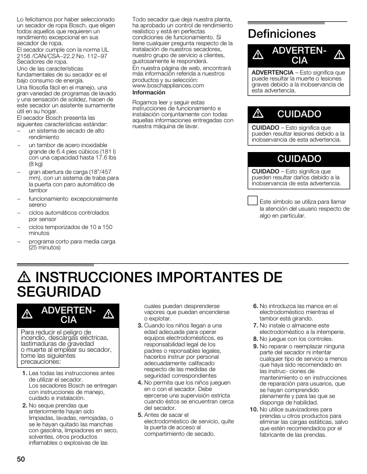 Definiciones, A adverten- a ^ cia, A cuidado | Cuidado, A instrucciones importantes de seguridad, A adverten- a a cia a, Instrucciones importantes de seguridad, Aadverten, A adverten | Bosch WTMC8321US/CN User Manual | Page 50 / 72