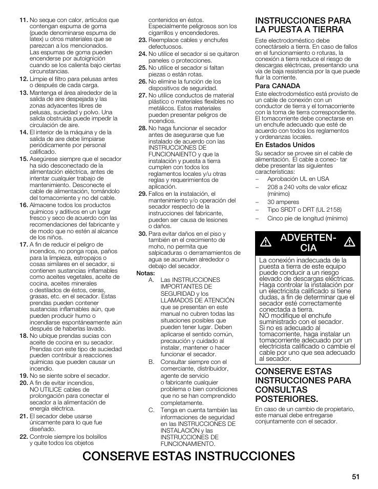 Para canada, En estados unidos, Adverten | Conserve estas instrucciones, Adverten­ cia | Bosch WTMC8321US/CN User Manual | Page 51 / 72