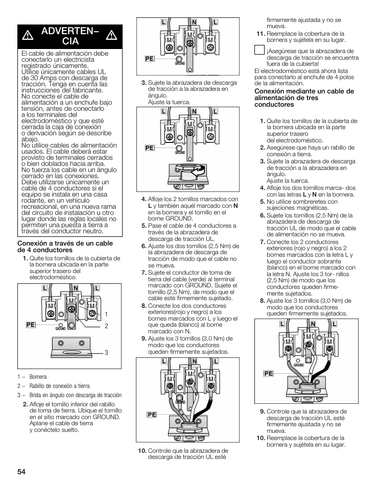 Adverten, Conexión a través de un cable de 4 conductores, Adverten­ cia | Bosch WTMC8321US/CN User Manual | Page 54 / 72