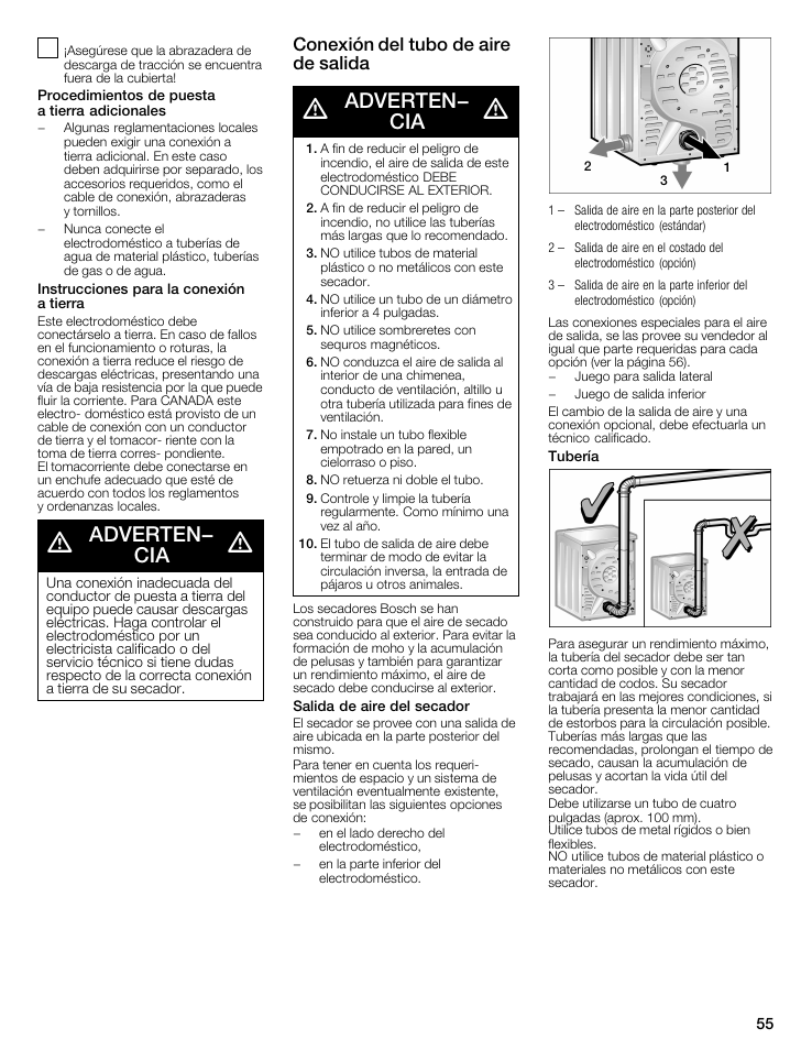 Procedimientos de puesta a tierra adicionales, Instrucciones para la conexión a tierra, A adverten- a ^ cia | Conexión del tubo de aire de salida, Conexión dei tubo de aire de saiida, A adverten | Bosch WTMC8321US/CN User Manual | Page 55 / 72