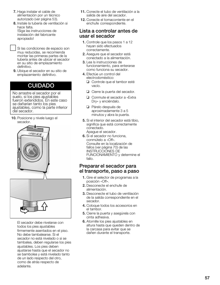 Cuidado, Lista a controlar antes de usar el secador | Bosch WTMC8321US/CN User Manual | Page 57 / 72