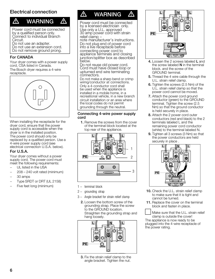 Electrical connection, A warning a, For canada | For u.s.a, Eiectricai connection, Warning | Bosch WTMC8321US/CN User Manual | Page 6 / 72