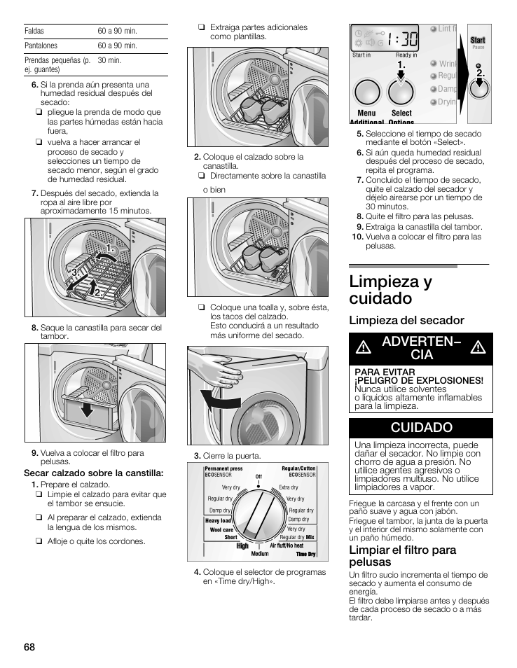 Limpieza y cuidado, Limpieza del secador, Adverten | Para evitar, Peligro de explosiones, Cuidado, Limpiar el filtro para pelusas, Adverten­ cia | Bosch WTMC8321US/CN User Manual | Page 68 / 72