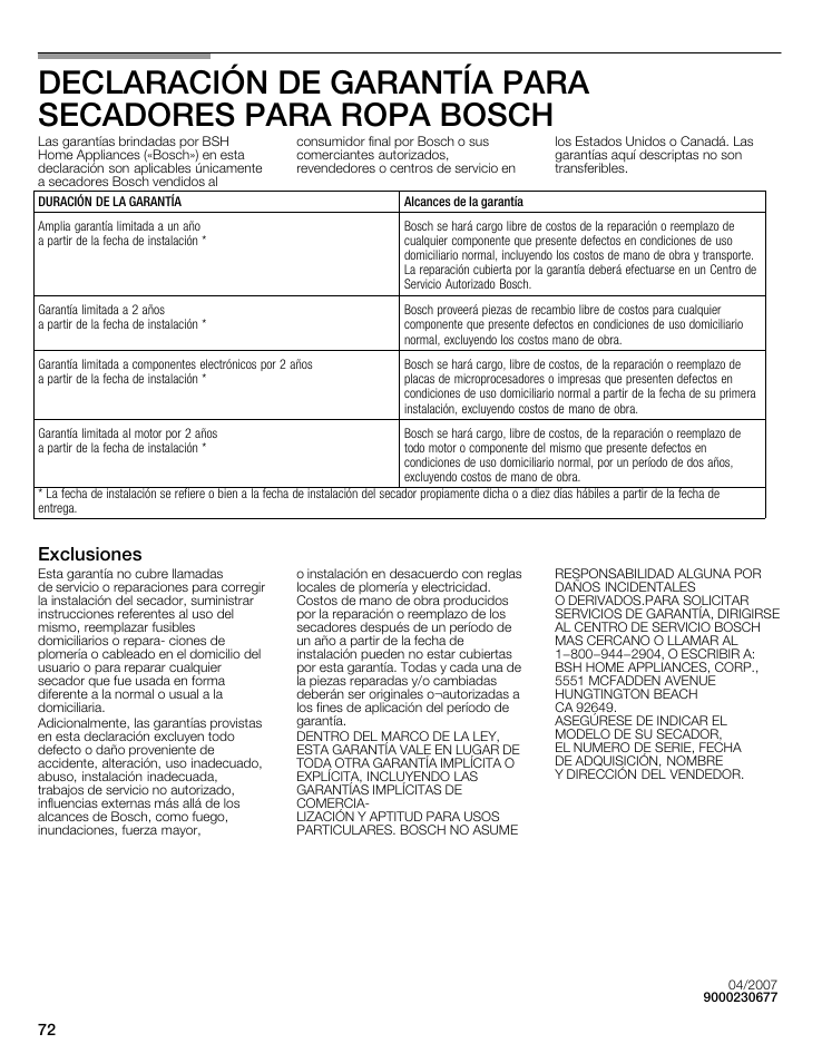 Exclusiones, Exciusiones, Duración de la garantía alcances de la garantía | Bosch WTMC8321US/CN User Manual | Page 72 / 72