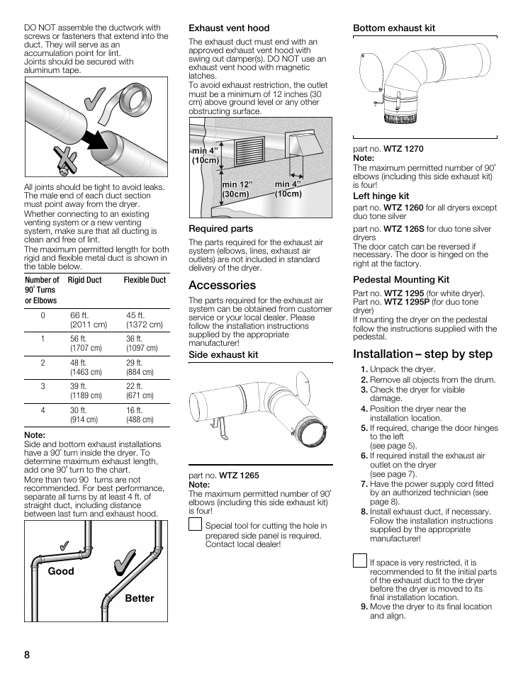 Exhaust vent hood, Required parts, Accessories | Installation - step by step, Instaiiation - step by step | Bosch WTMC8321US/CN User Manual | Page 8 / 72