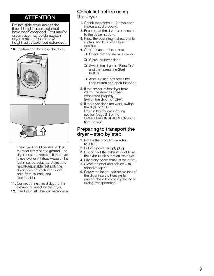 Attention, Check list before using the dryer, Preparing to transport the dryer - step by step | Bosch WTMC8321US/CN User Manual | Page 9 / 72