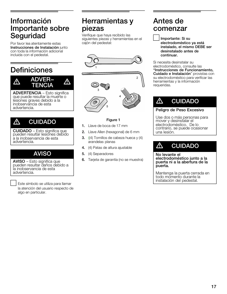 Información importante sobre seguridad, Definiciones d, Herramientas y piezas | Antes de comenzar, Adver- tencia, Cuidado, Aviso | Bosch WTZ 1295P User Manual | Page 17 / 24