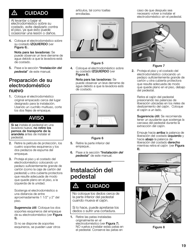 Instalación del pedestal d, Cuidado, Preparación de su electrodoméstico nuevo | Aviso | Bosch WTZ 1295P User Manual | Page 19 / 24