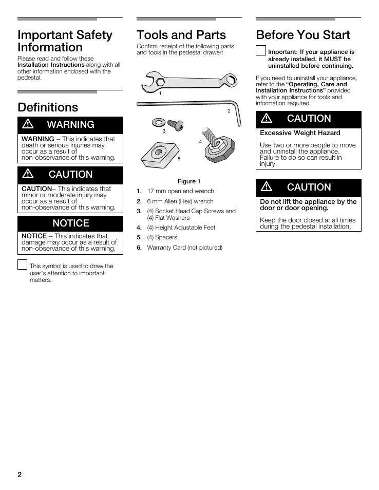 Important safety information, Definitions d, Tools and parts | Before you start, Warning, Caution, Notice | Bosch WTZ 1295P User Manual | Page 2 / 24