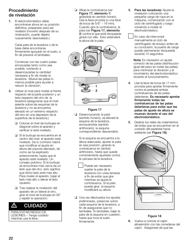 Cuidado, Procedimiento deănivelación | Bosch WTZ 1295P User Manual | Page 22 / 24