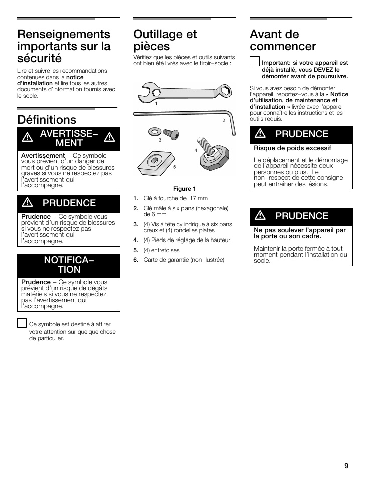 Renseignements importants sur la sécurité, Définitions d, Outillage et pièces | Avant de commencer, Avertisse- ment, Prudence, Notifica- tion | Bosch WTZ 1295P User Manual | Page 9 / 24