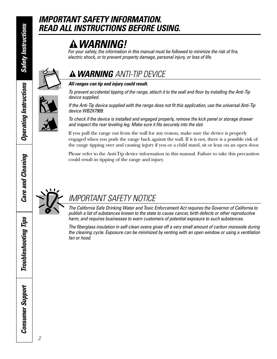Safety instructions, Warning, Anti-tip device important safety notice | Bosch JBP80 User Manual | Page 2 / 32