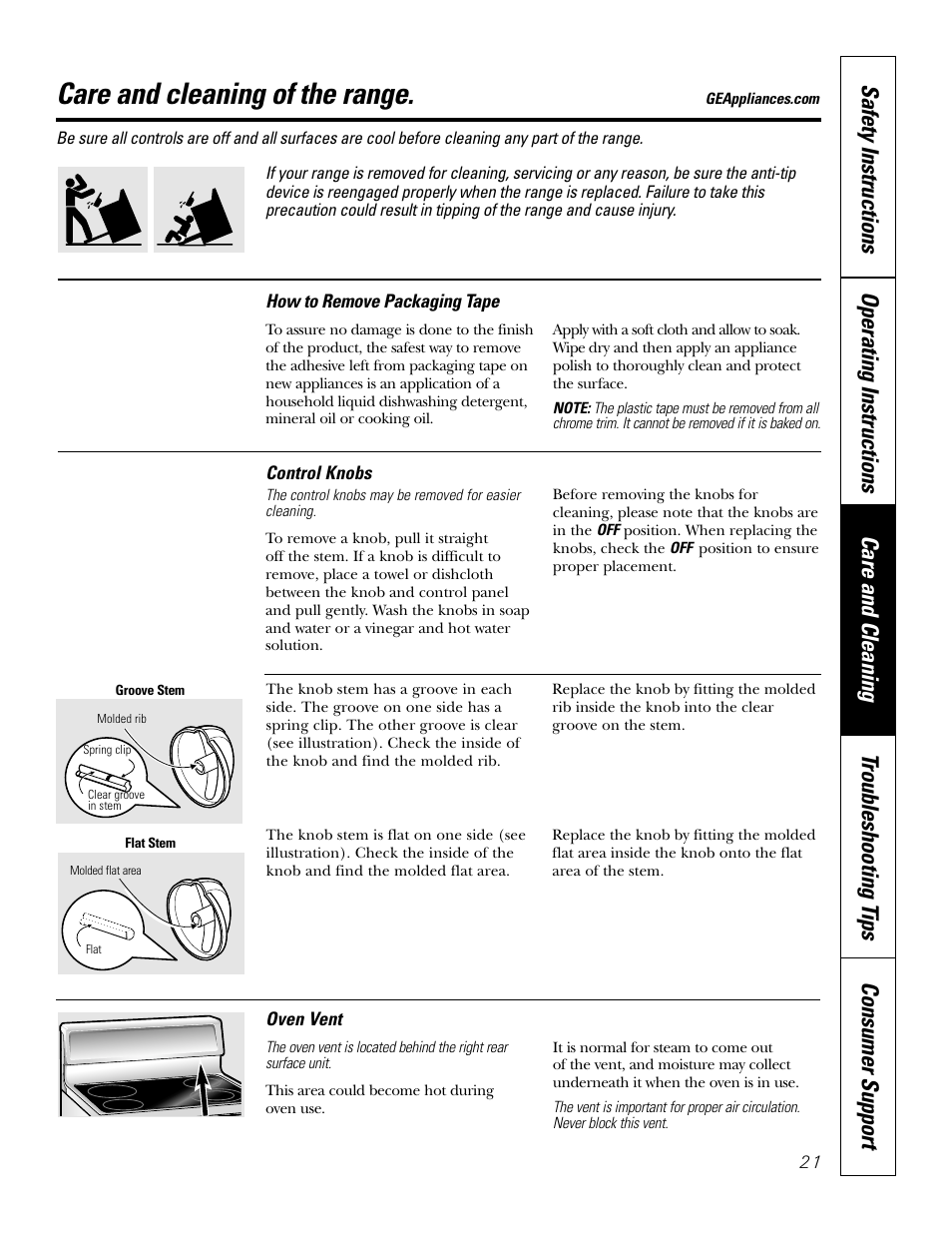 Control knobs, Care and cleaning of the range | Bosch JBP80 User Manual | Page 21 / 32