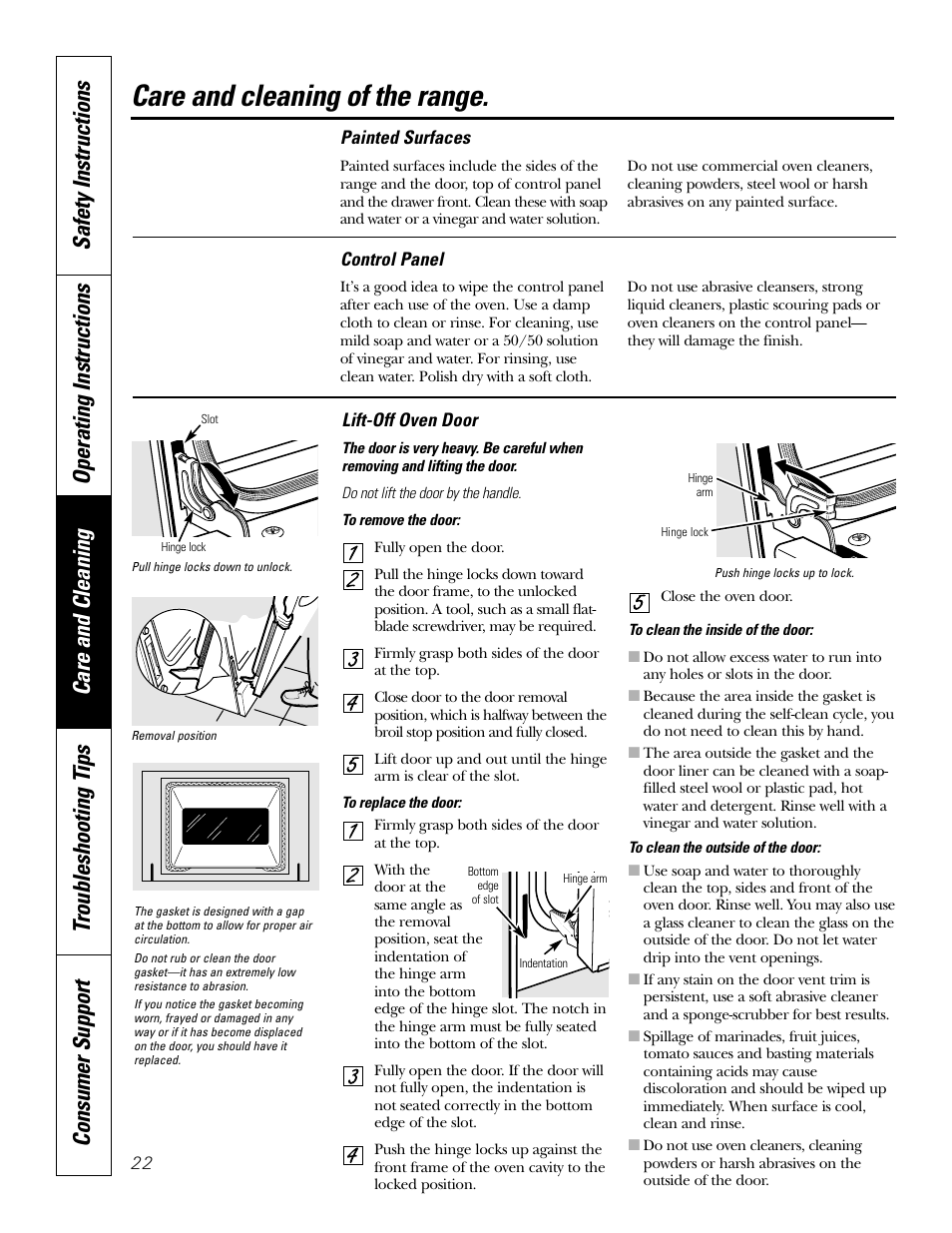 Lift-off oven door, Care and cleaning of the range | Bosch JBP80 User Manual | Page 22 / 32
