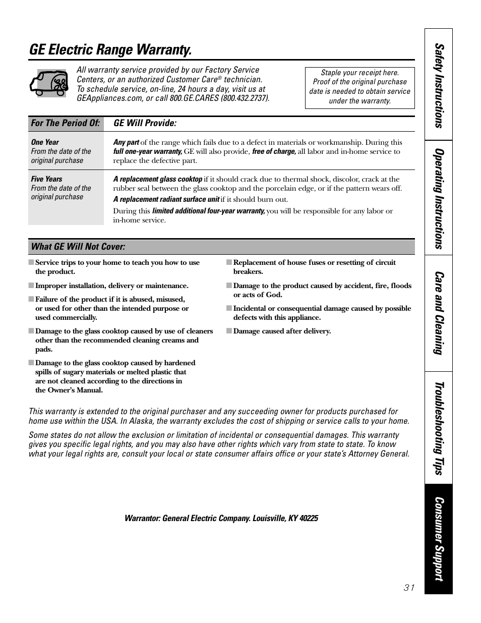 Warranty, Ge electric range warranty | Bosch JBP80 User Manual | Page 31 / 32