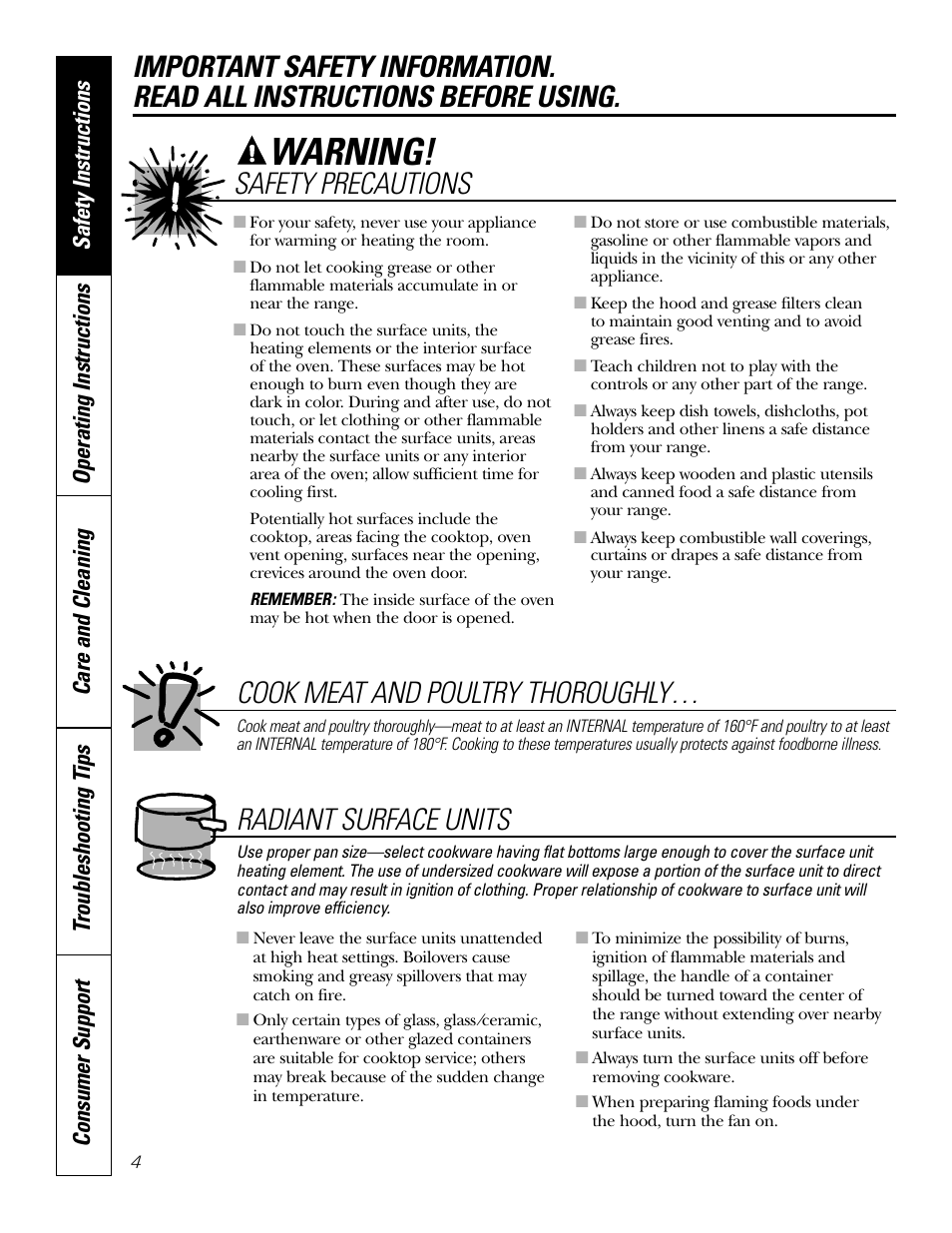 Warning, Safety precautions, Cook meat and poultry thoroughly | Radiant surface units | Bosch JBP80 User Manual | Page 4 / 32