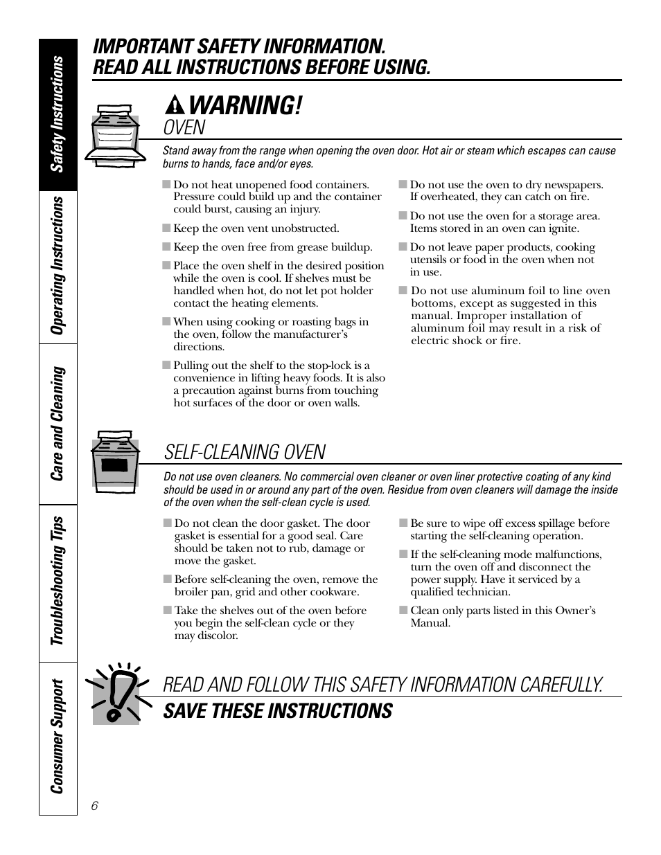 Warning, Self-cleaning oven | Bosch JBP80 User Manual | Page 6 / 32