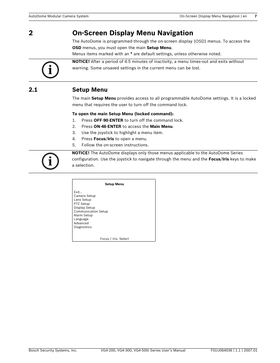 2on-screen display menu navigation, 1 setup menu | Bosch VG4-200 User Manual | Page 11 / 76