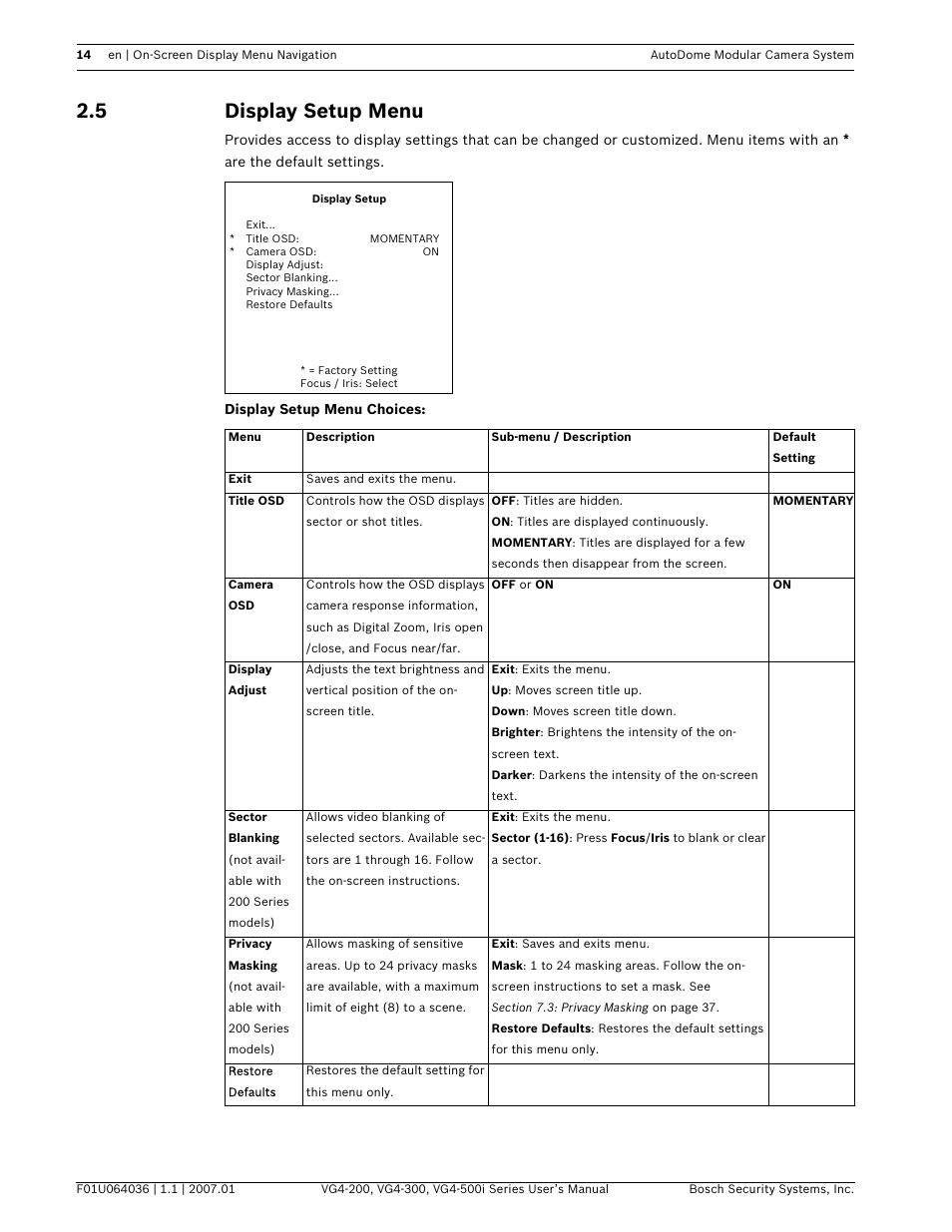 5 display setup menu | Bosch VG4-200 User Manual | Page 18 / 76