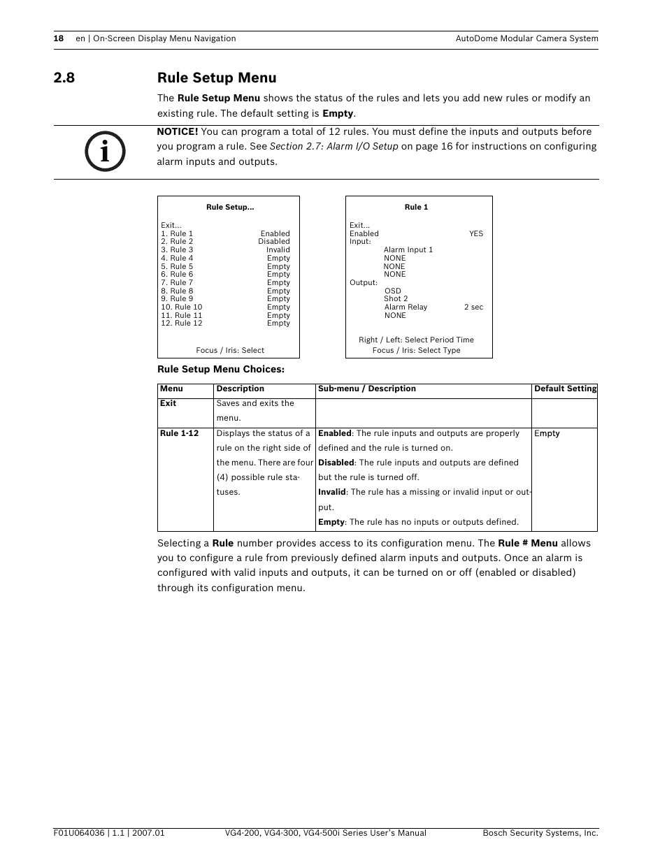 8 rule setup menu | Bosch VG4-200 User Manual | Page 22 / 76