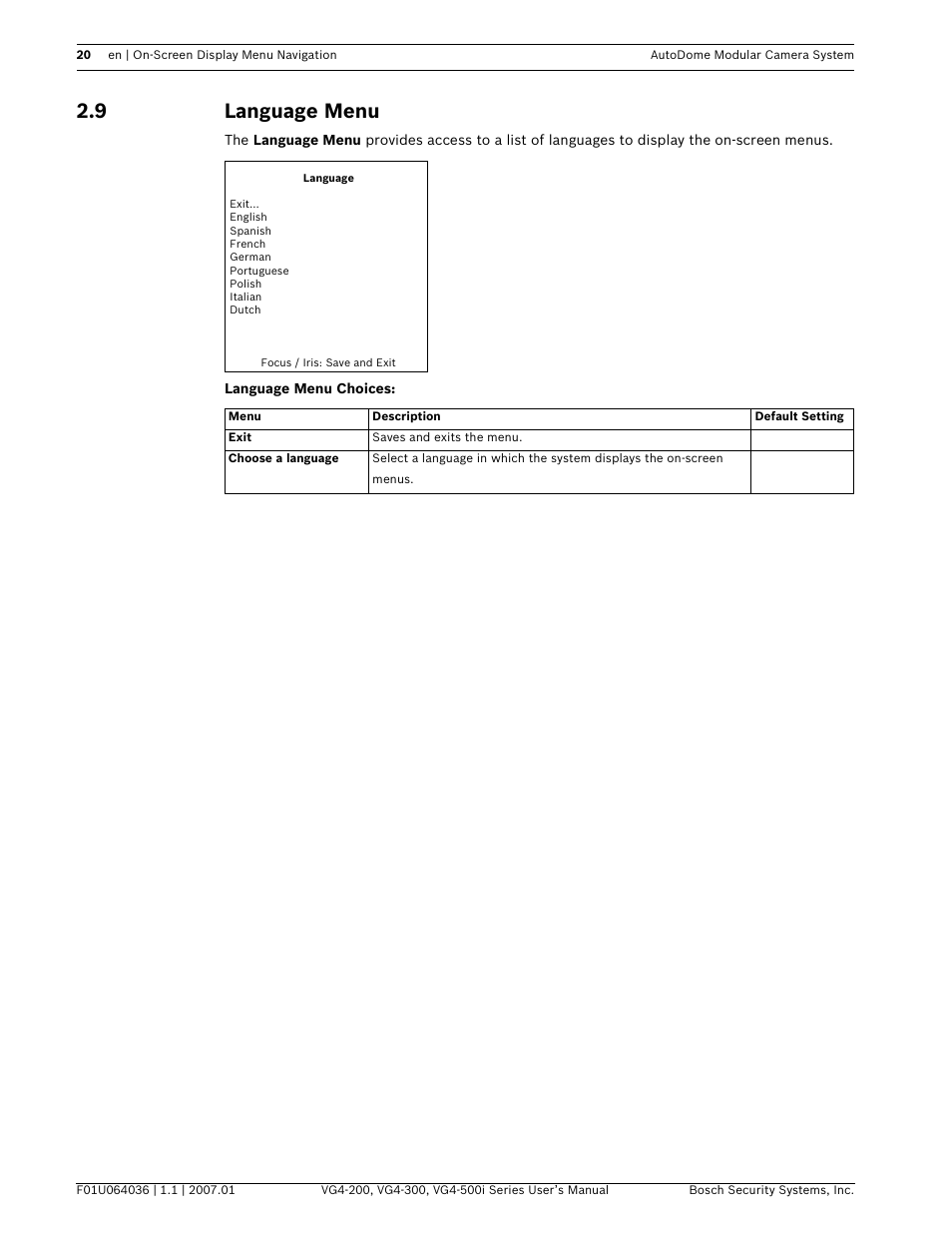 9 language menu | Bosch VG4-200 User Manual | Page 24 / 76