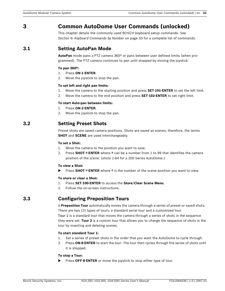 3common autodome user commands (unlocked), 1 setting autopan mode, 2 setting preset shots | 3 configuring preposition tours | Bosch VG4-200 User Manual | Page 27 / 76