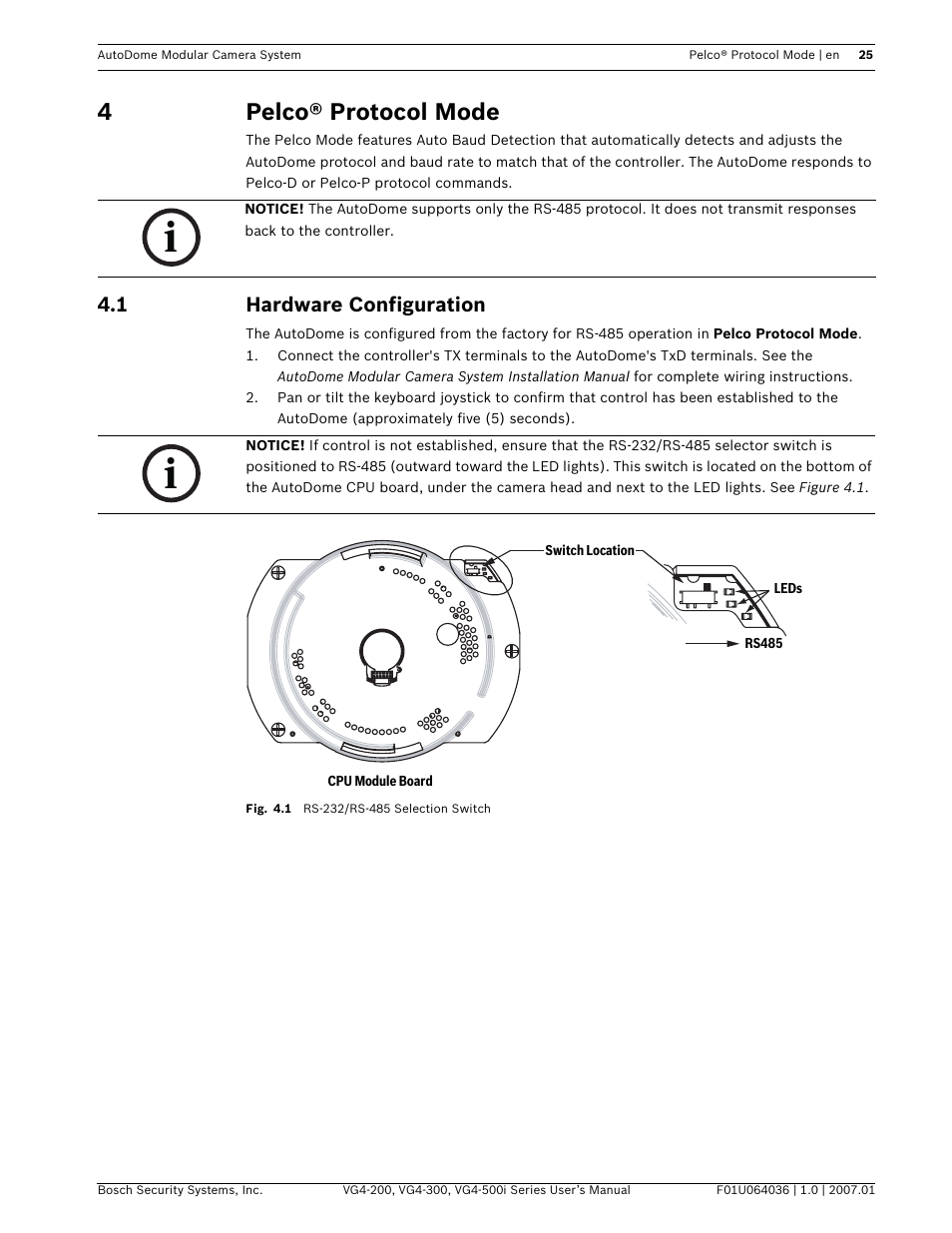 4pelco® protocol mode, 1 hardware configuration | Bosch VG4-200 User Manual | Page 29 / 76