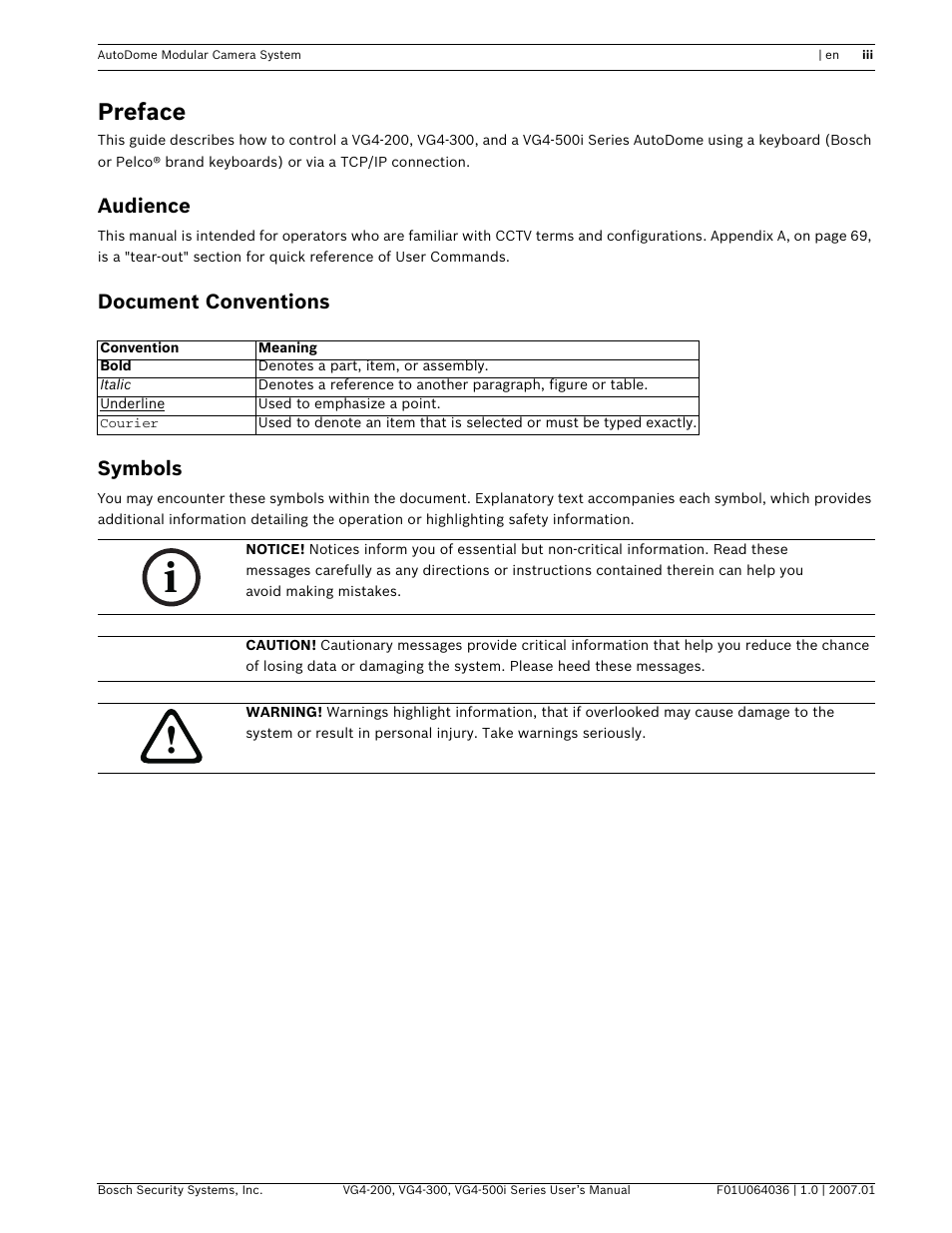 Preface, Audience, Document conventions symbols | Bosch VG4-200 User Manual | Page 3 / 76