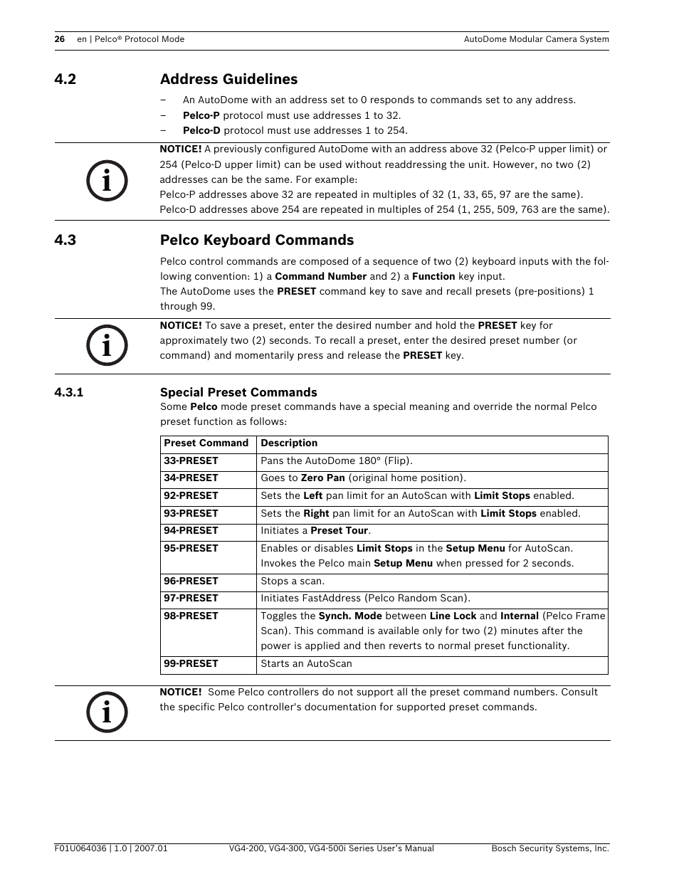 2 address guidelines, 3 pelco keyboard commands | Bosch VG4-200 User Manual | Page 30 / 76