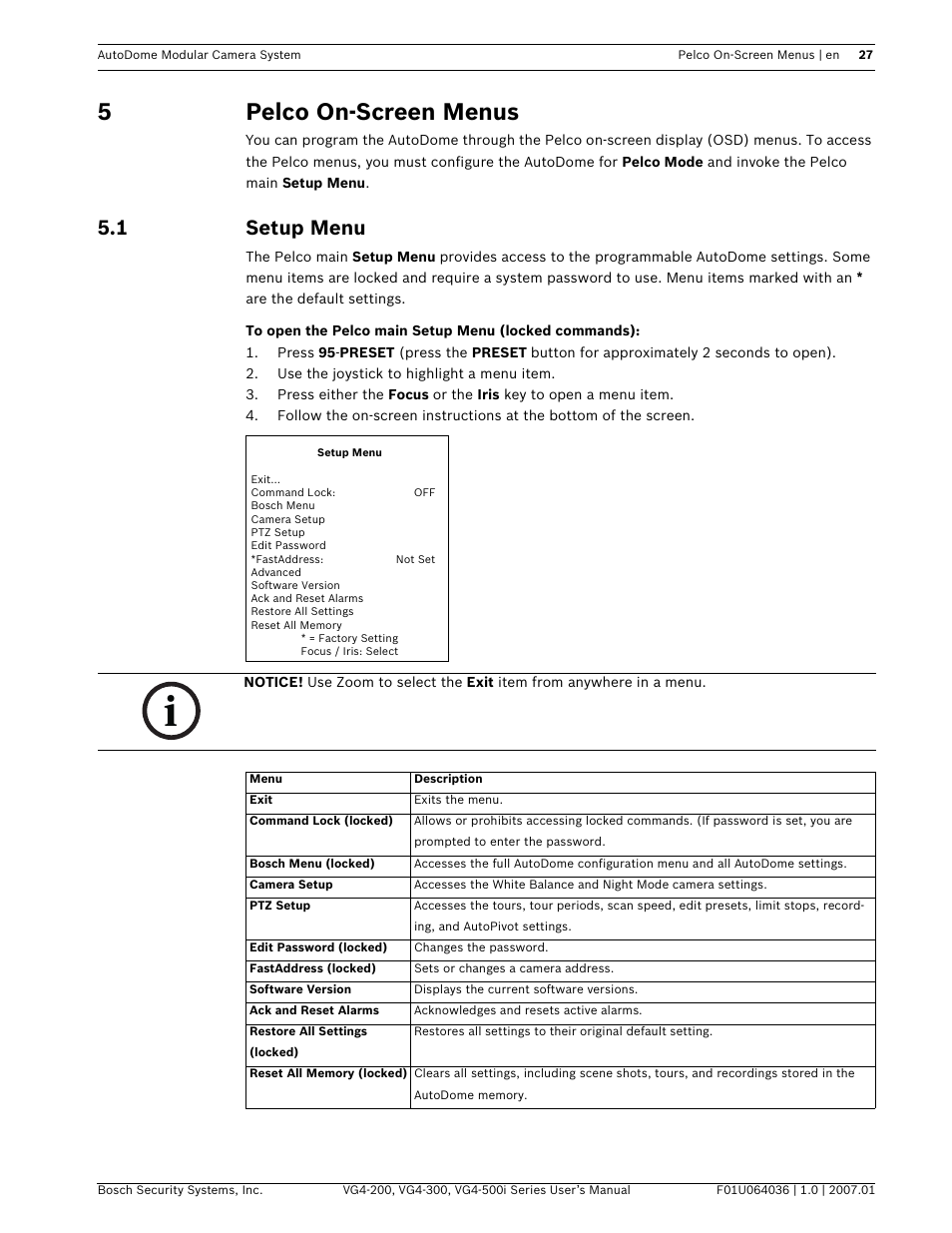 5pelco on-screen menus, 1 setup menu | Bosch VG4-200 User Manual | Page 31 / 76