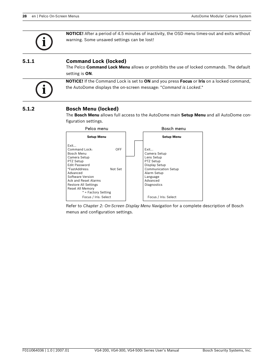 1 command lock (locked), 2 bosch menu (locked) | Bosch VG4-200 User Manual | Page 32 / 76