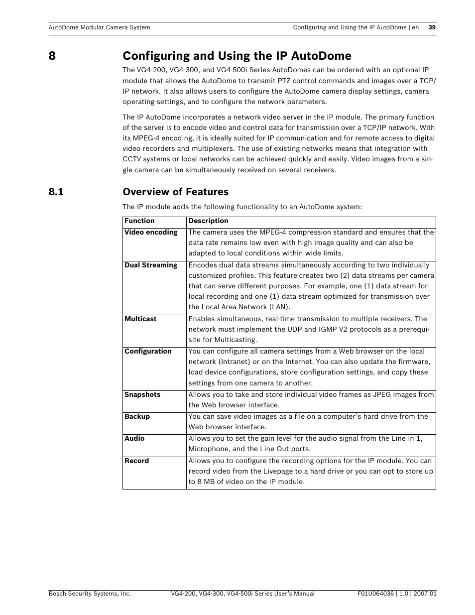 8configuring and using the ip autodome, 1 overview of features | Bosch VG4-200 User Manual | Page 43 / 76