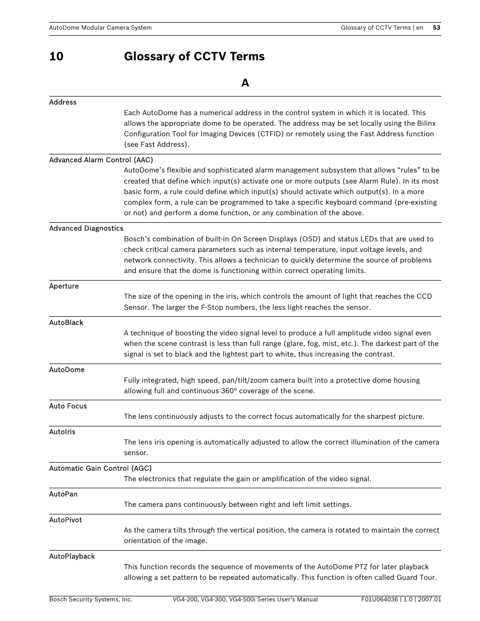 10 glossary of cctv terms | Bosch VG4-200 User Manual | Page 57 / 76