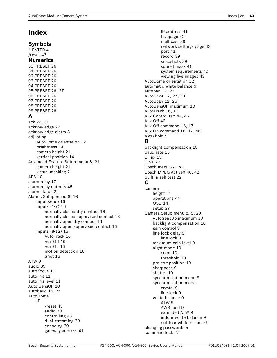 Index | Bosch VG4-200 User Manual | Page 67 / 76