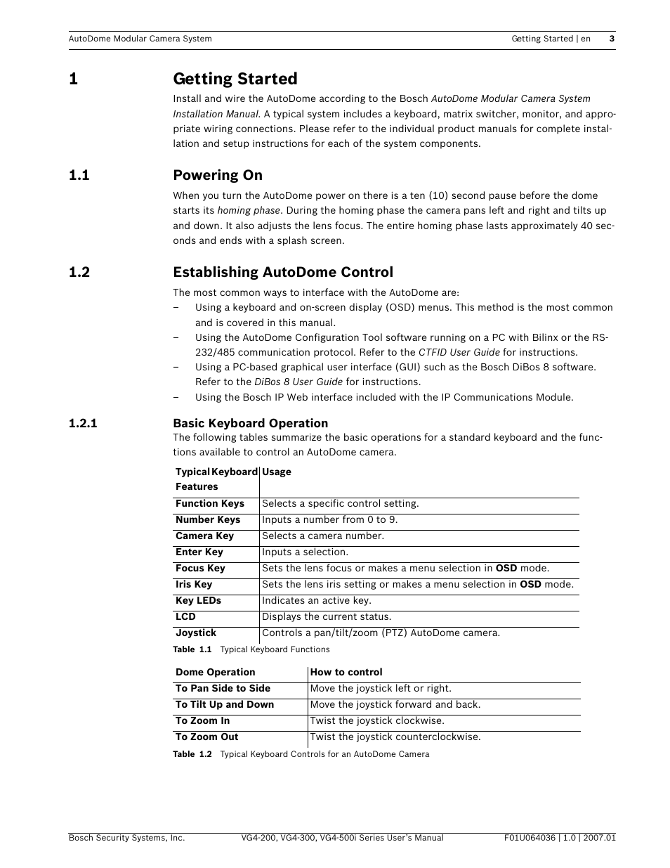 1getting started, 1 powering on, 2 establishing autodome control | Bosch VG4-200 User Manual | Page 7 / 76