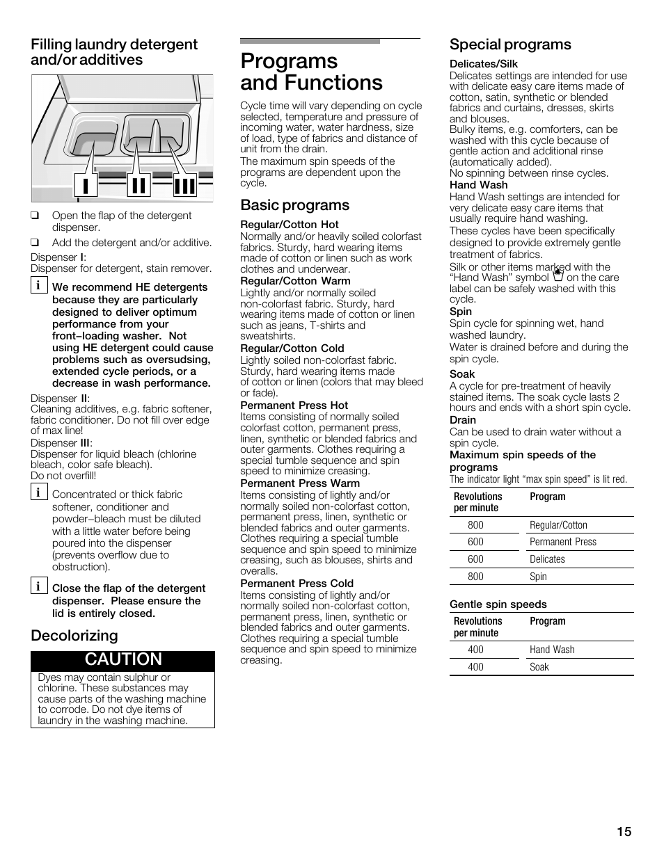 Programs and functions, Caution, Filling laundry detergent and/or additives | Decolorizing, Basic programs, Special programs | Bosch WFMC1001UC User Manual | Page 15 / 80