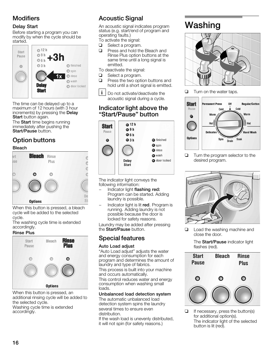 Washing, Modifiers, Option buttons | Acoustic signal, Indicator light above the start/pause" button, Special features | Bosch WFMC1001UC User Manual | Page 16 / 80