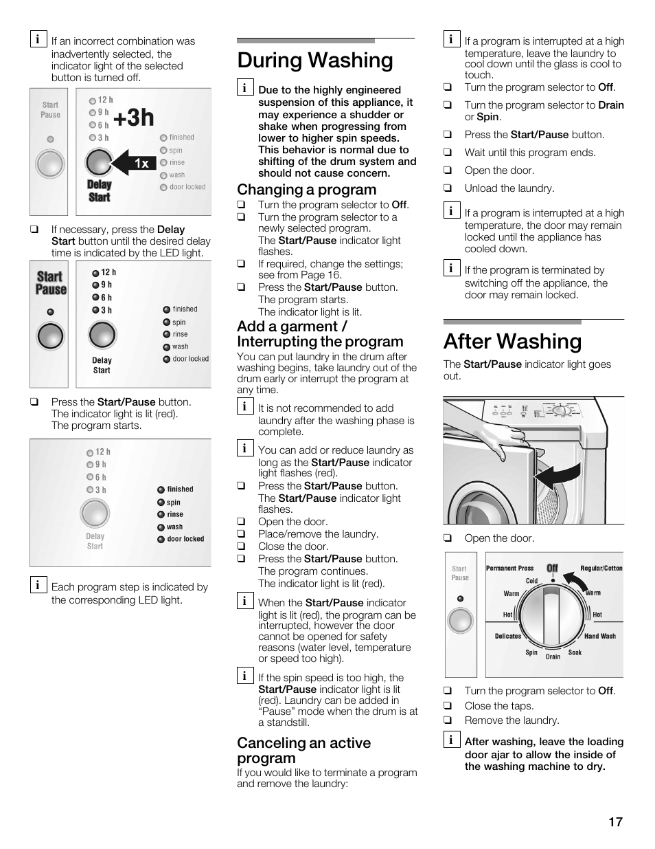 During washing, After washing, Changing a program | Add a garment / interrupting the program, Canceling an active program | Bosch WFMC1001UC User Manual | Page 17 / 80