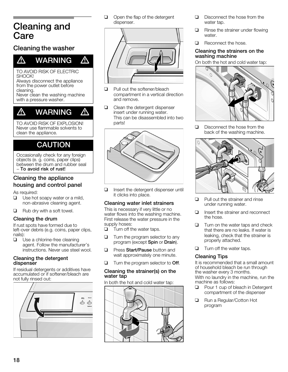 Cleaning and care, Warning, Caution | Cleaning the washer | Bosch WFMC1001UC User Manual | Page 18 / 80