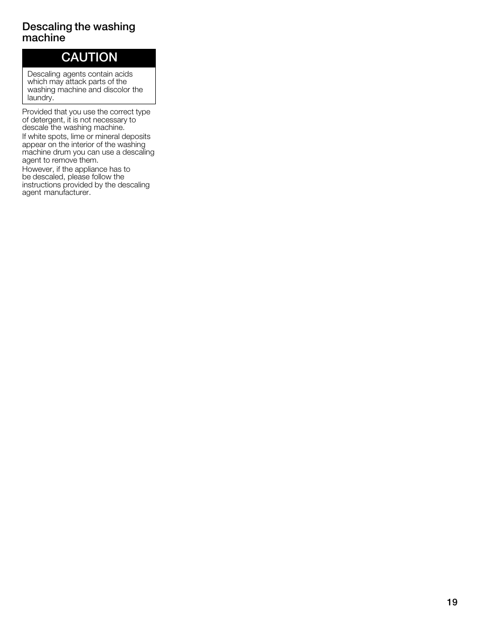 Caution, Descaling the washing machine | Bosch WFMC1001UC User Manual | Page 19 / 80