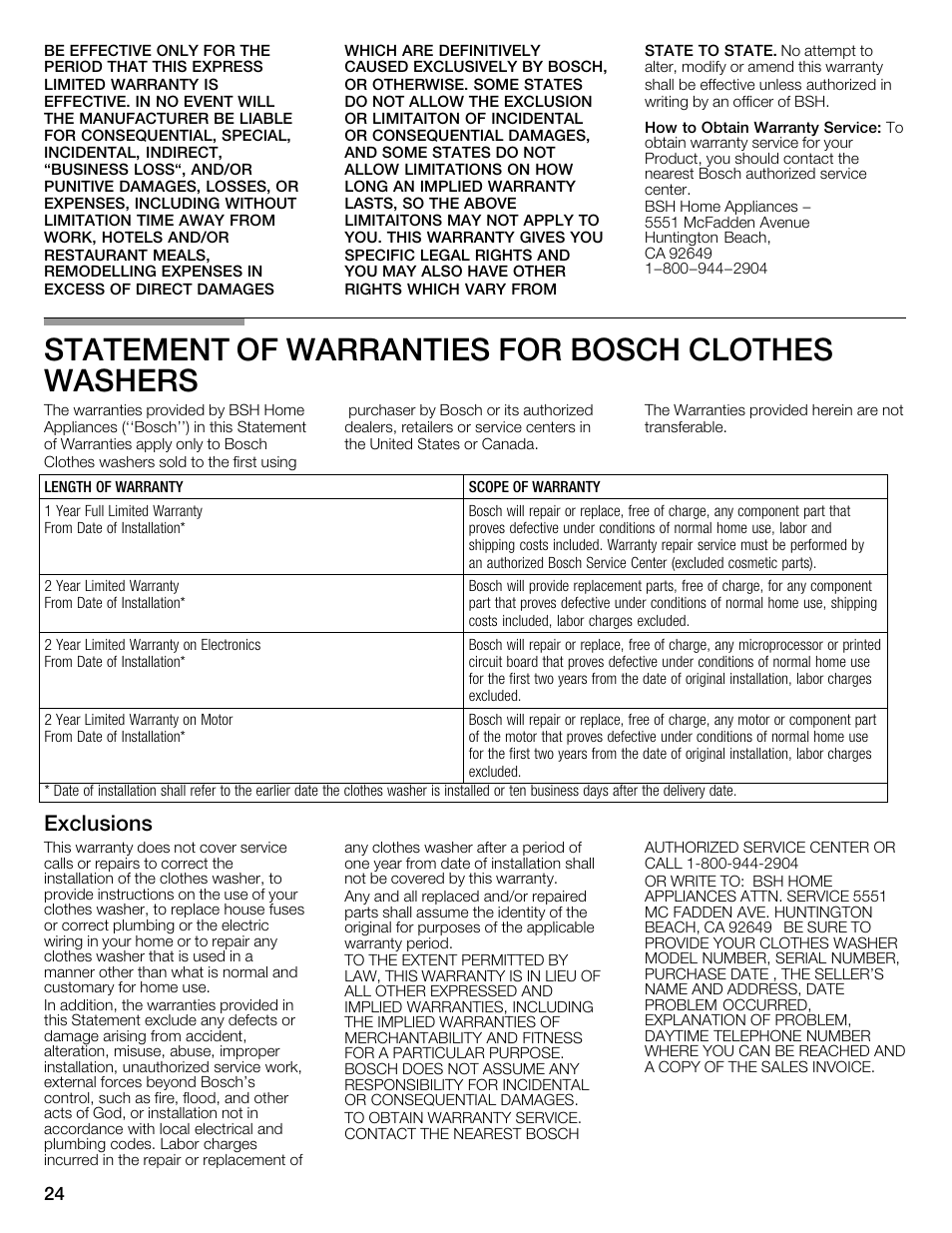 Statement of warranties for bosch clothes washers, Exclusions | Bosch WFMC1001UC User Manual | Page 24 / 80