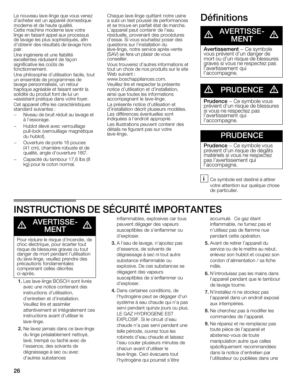 Définitions d, Instructions de sécurité importantes d, Avertisseć ment | Prudence | Bosch WFMC1001UC User Manual | Page 26 / 80