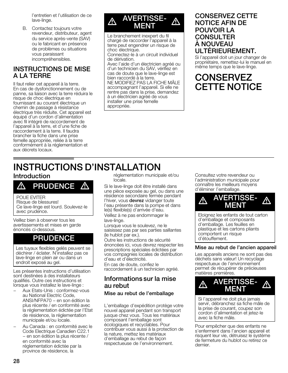 Conservez cette notice instructions d'installation, Avertisseć ment, Prudence | Instructions de mise a la terre, Introduction, Informations sur la mise au rebut | Bosch WFMC1001UC User Manual | Page 28 / 80