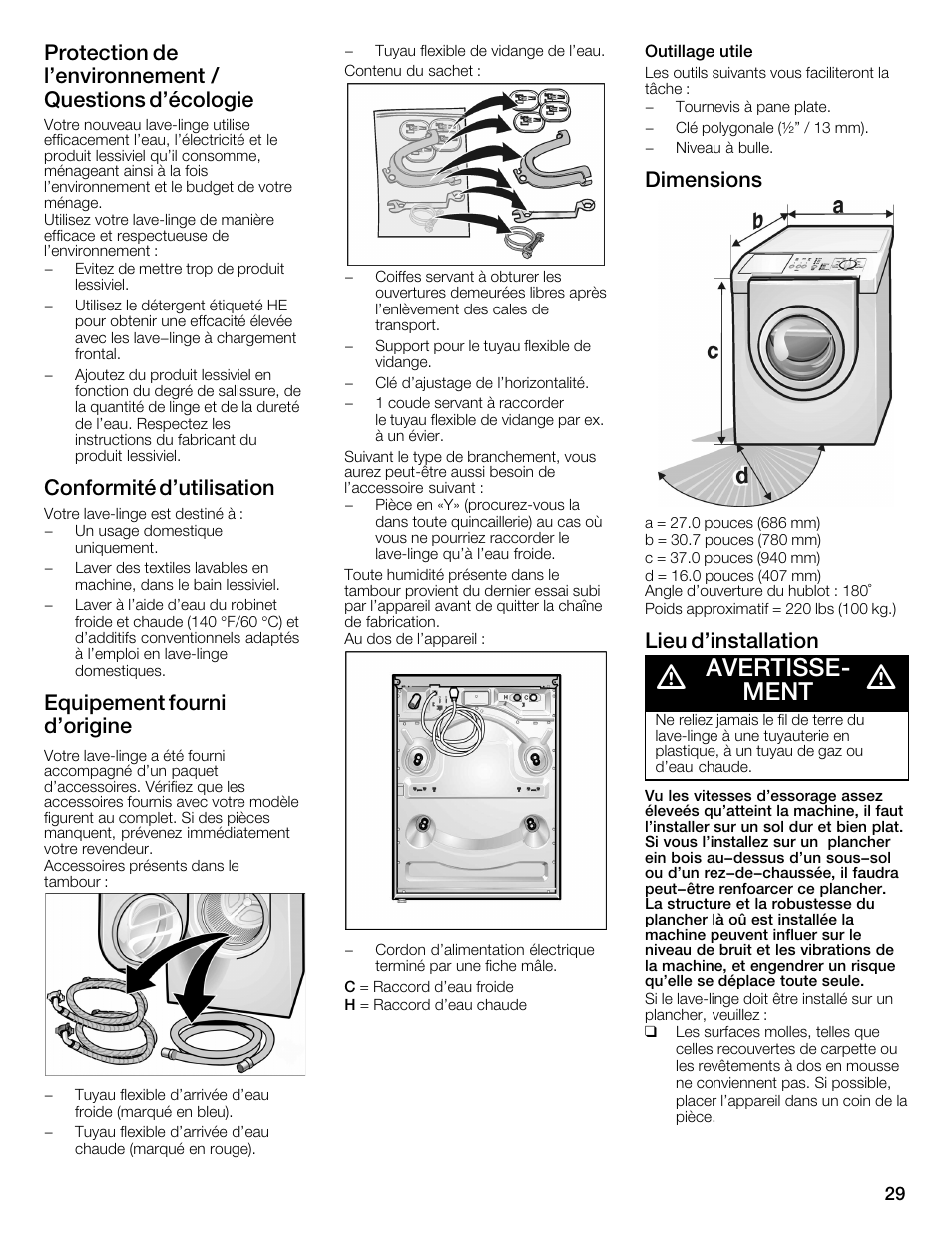 Avertisseć ment, Conformité d'utilisation, Equipement fourni d'origine | Dimensions, Lieu d'installation | Bosch WFMC1001UC User Manual | Page 29 / 80