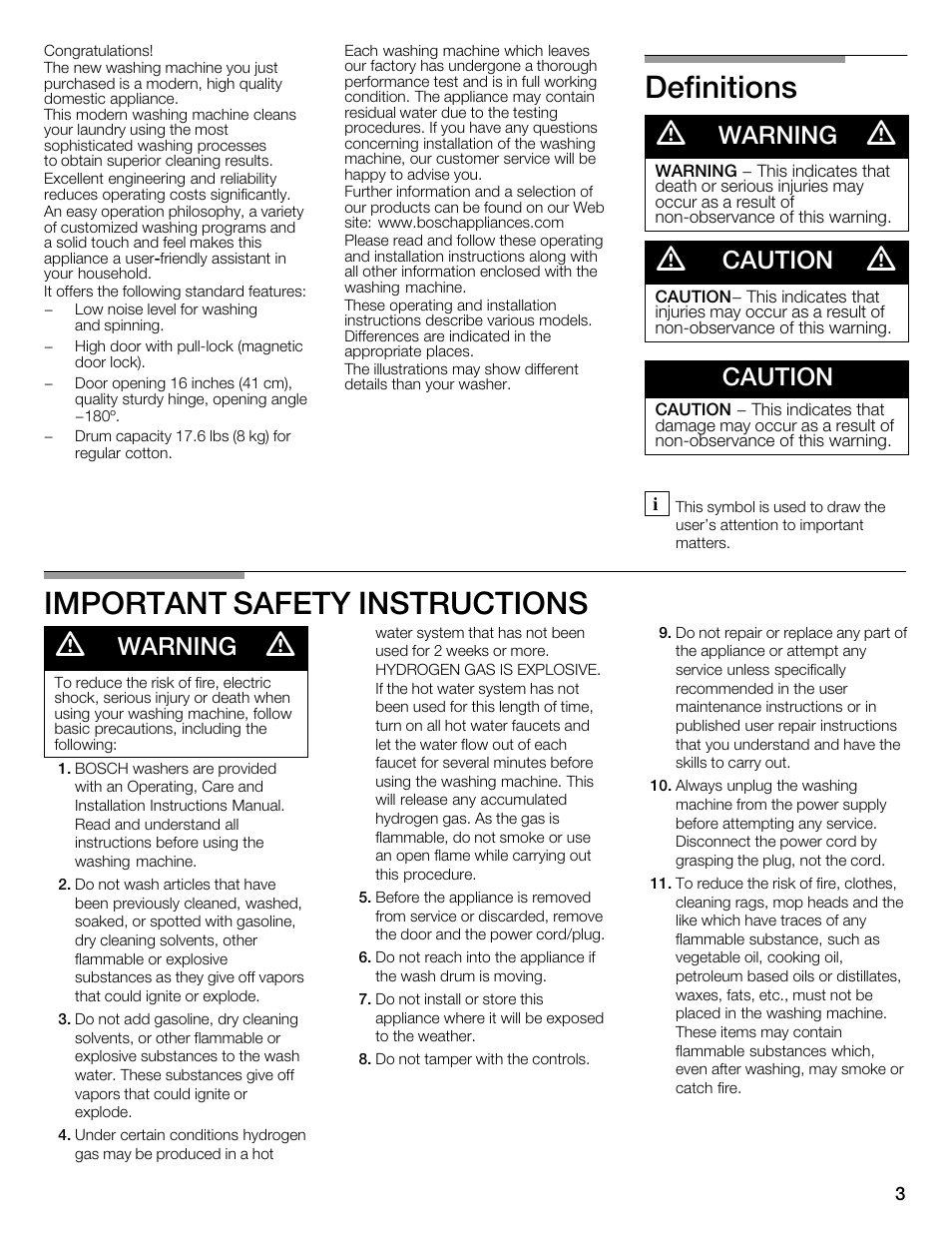 Definitions d, Important safety instructions d, Warning | Caution | Bosch WFMC1001UC User Manual | Page 3 / 80