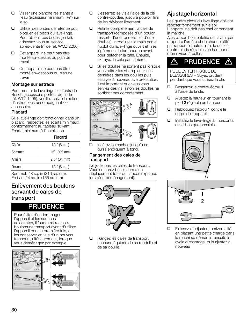 Prudence, Ajustage horizontal | Bosch WFMC1001UC User Manual | Page 30 / 80