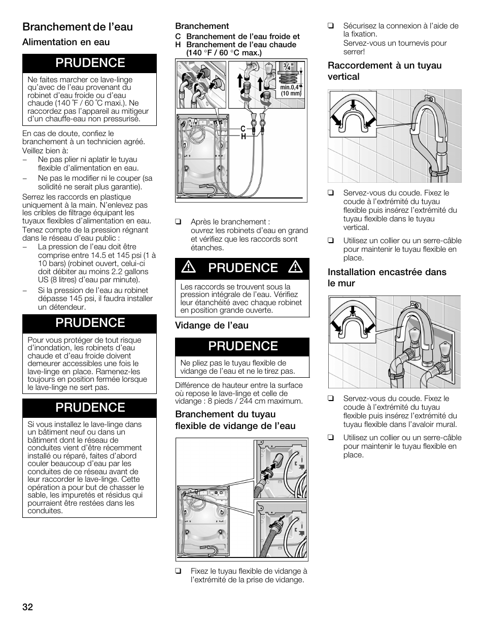 Prudence, Branchement de l'eau | Bosch WFMC1001UC User Manual | Page 32 / 80