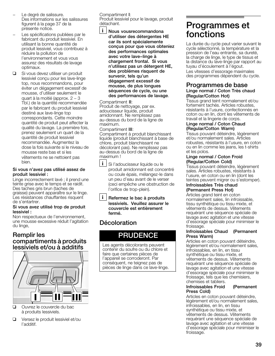 Programmes et fonctions, Prudence, Décoloration | Programmes de base | Bosch WFMC1001UC User Manual | Page 39 / 80