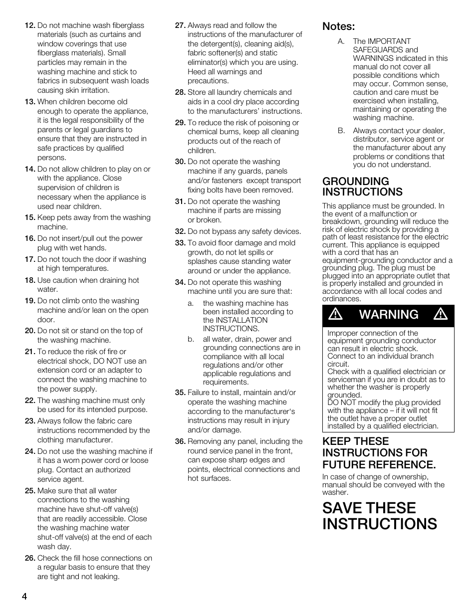 Save these instructions, Warning, Grounding instructions | Keep these instructions for future reference | Bosch WFMC1001UC User Manual | Page 4 / 80